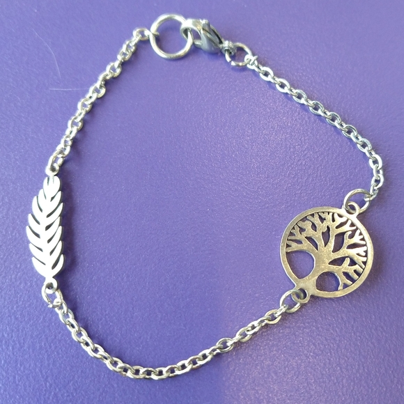 Tree of Life & Feather Charm Bracelet SS Stainless Steel Silver Deck Your Wrist - Picture 2 of 6